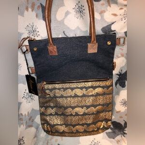 Mona B Denim & Gold Tote w/ Folding Snap  NWT